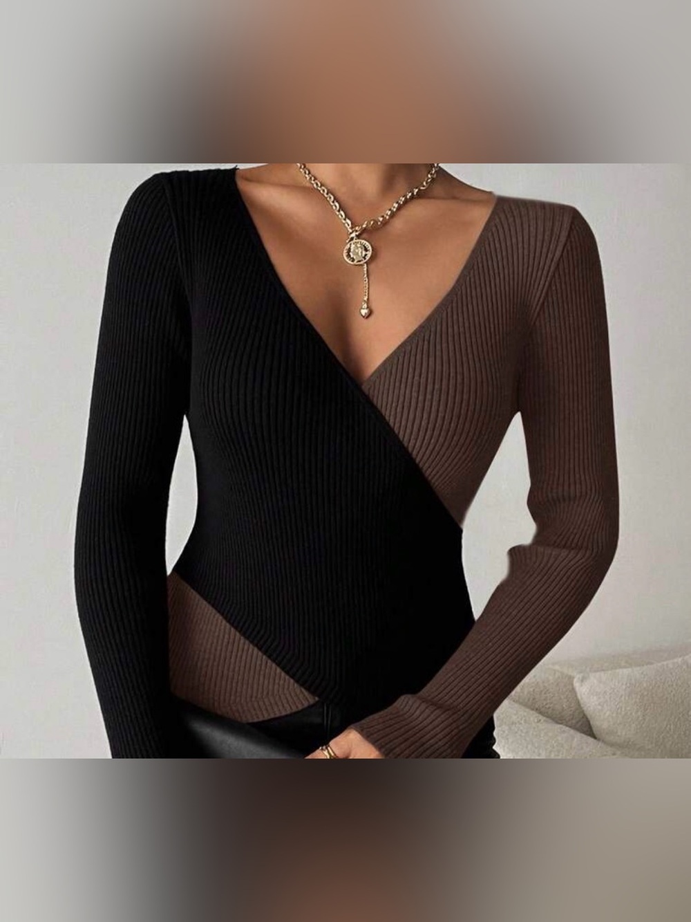 Two-Tone Ribbed Wrap Sweater - Black & Deep Brown
